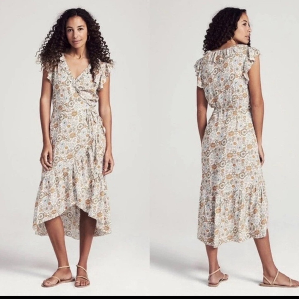 Faherty Floral Midi Wrap Dress in Cream and Brown